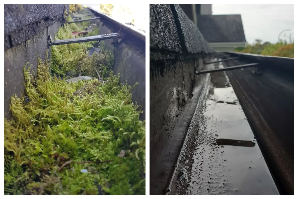 A gutter in Vancouver before and after being cleaned out