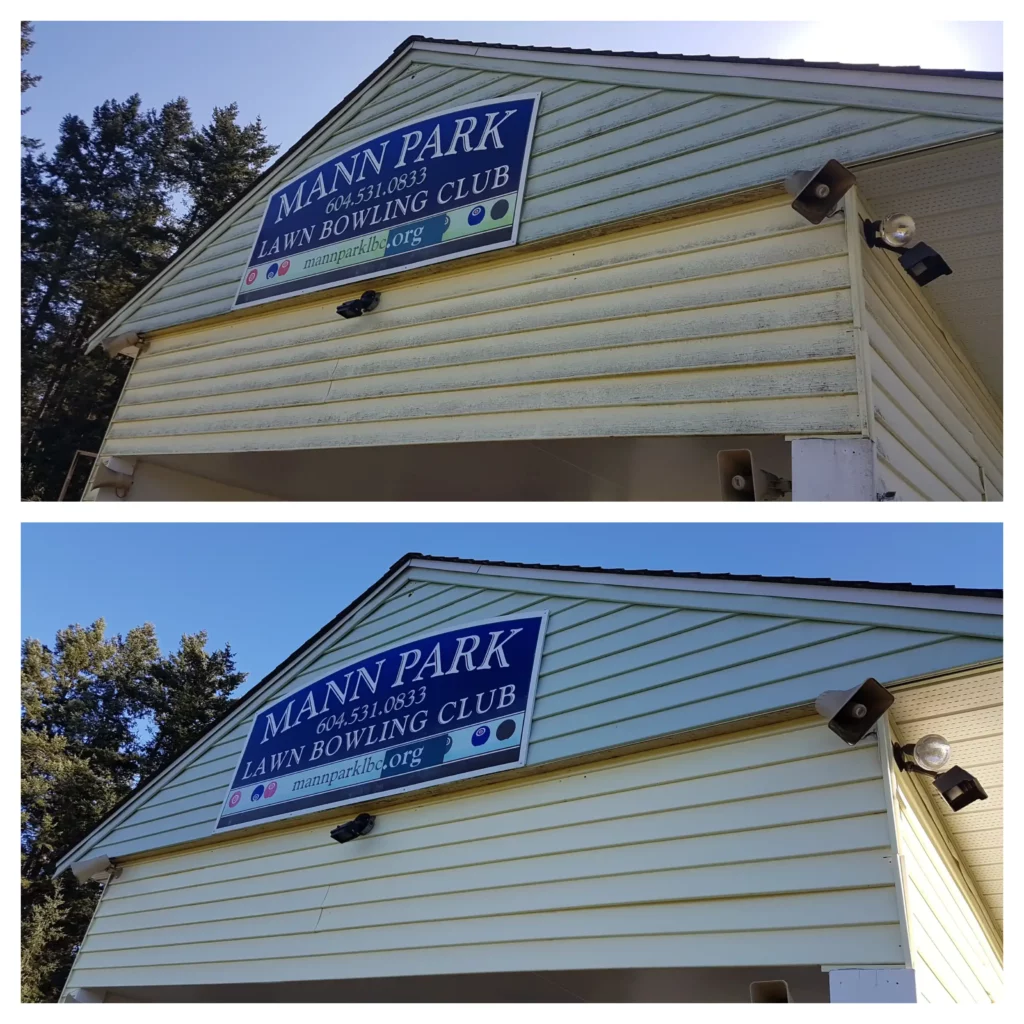 A house with vinyl siding before and after being washed