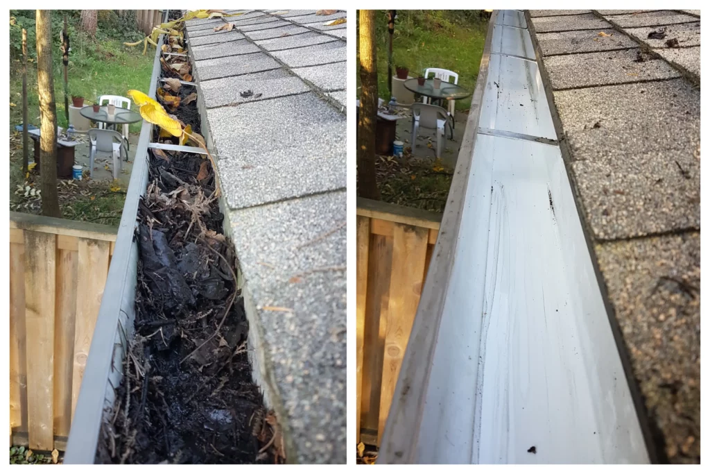 An eavestrough in Vancouver before and after being cleaned
