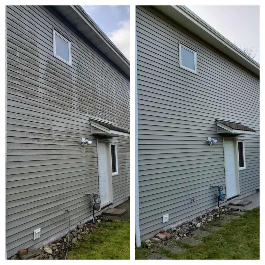 A house with vinyl siding before and after house washing services