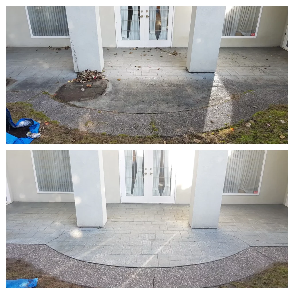 A front patio before and after being pressure washed in Vancouver
