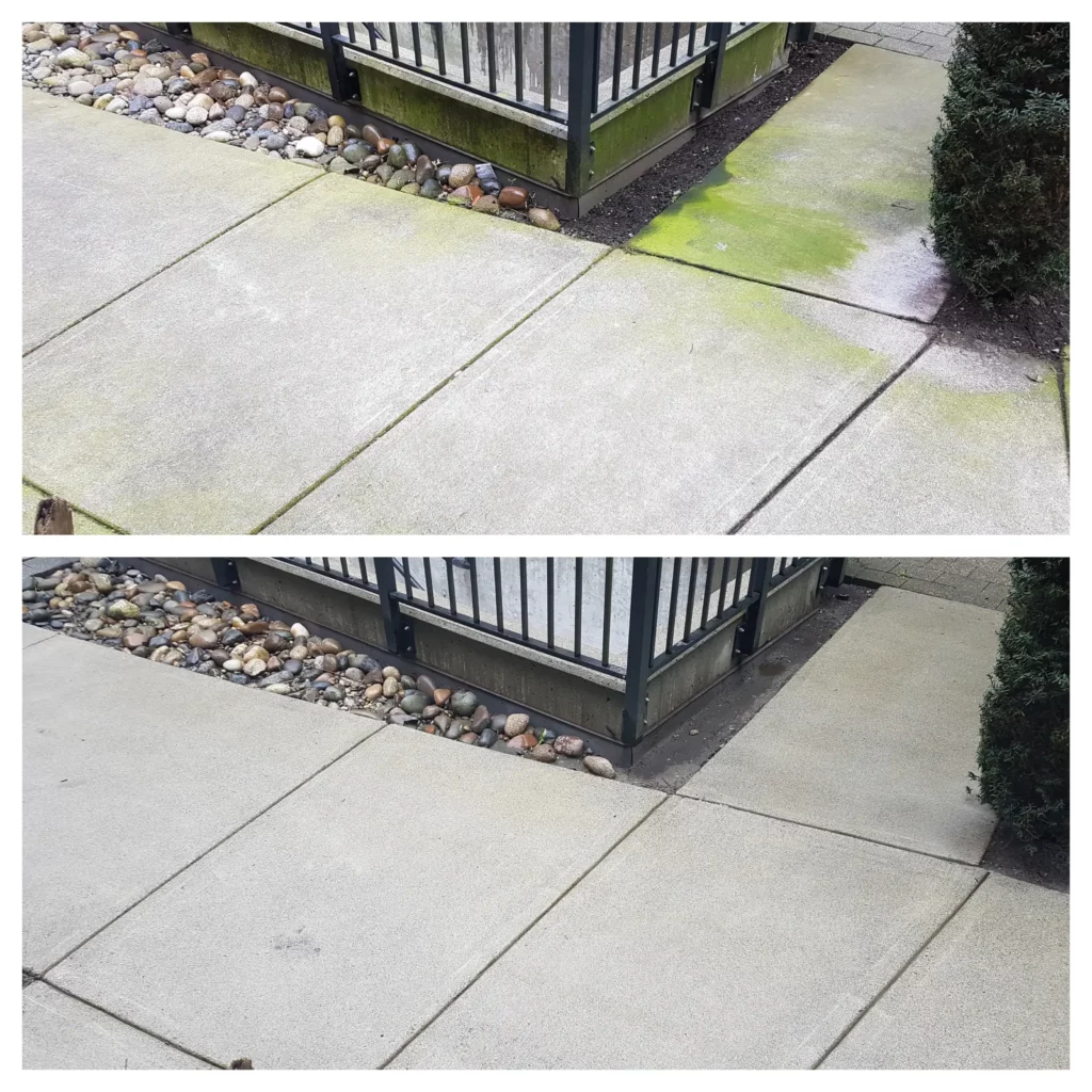 A Vancouver sidewalk before and after being pressure washed