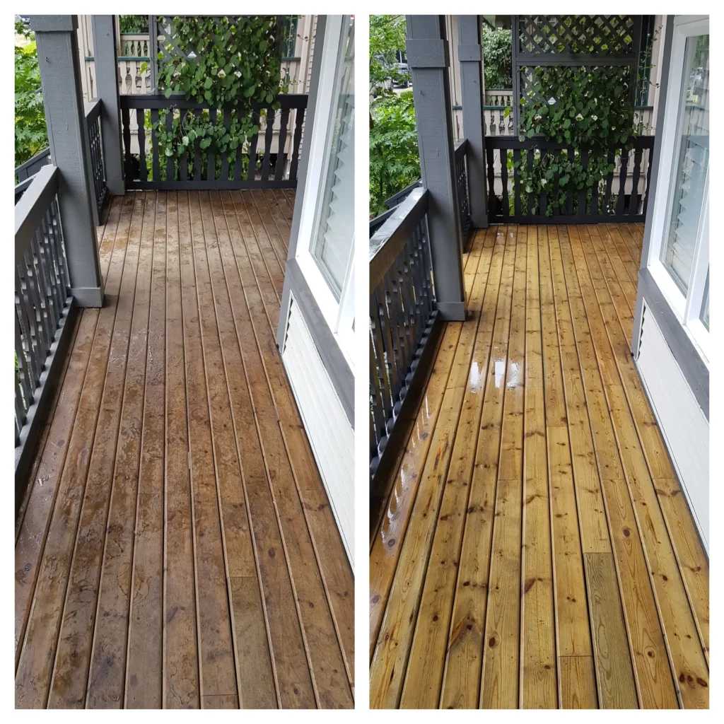 A wooden deck in Vancouver before and after being soft washed