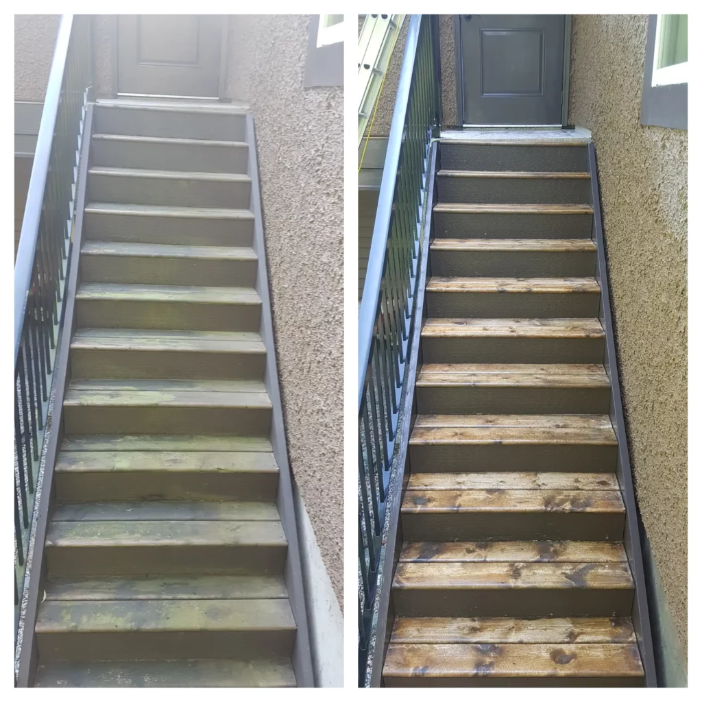Wooden stairs before and after a soft washing service was completed in Vancouver